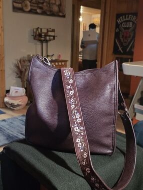 Embroidered Strap Leather Shoulder Bag - Plum